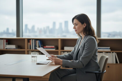 Femme en tailleur gris dans un bureau moderne