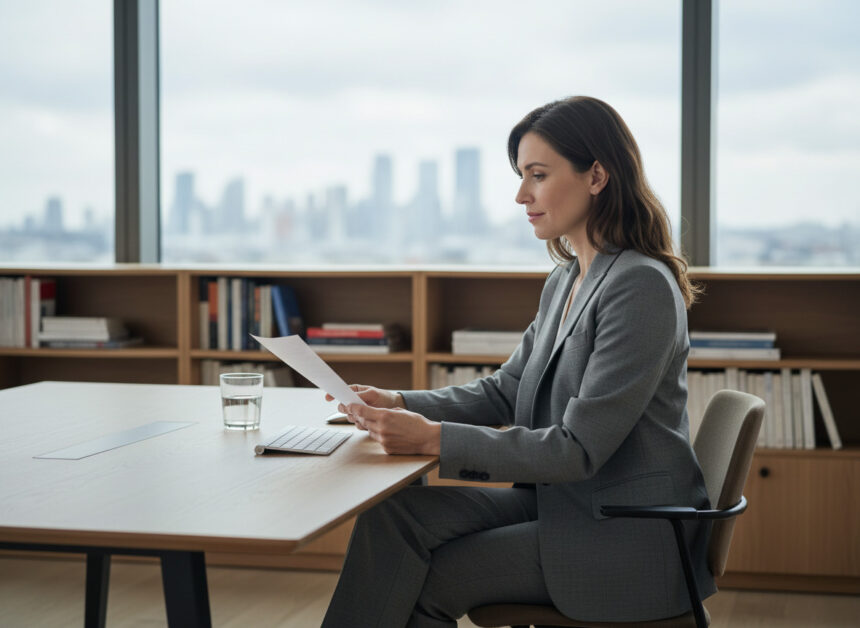 Femme en tailleur gris dans un bureau moderne