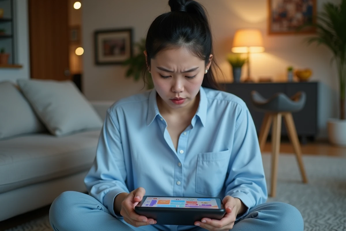 Femme analysant des codes de jeu sur tablette pour détecter les faux codes Monopoly GO