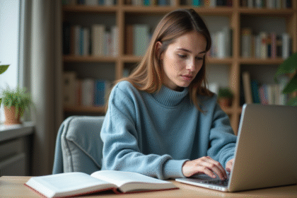 Femme travaillant sur un ordinateur dans un cadre cosy