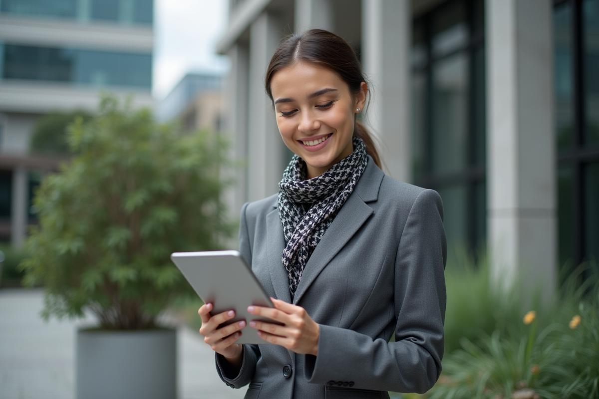 Jeune femme professionnelle tenant une tablette avec indicateurs inflation