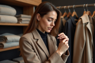 Femme examinant un manteau en laine dans une boutique moderne