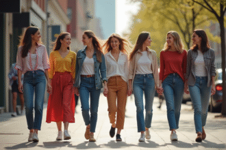 Femmes marchant dans une rue printanière en ville