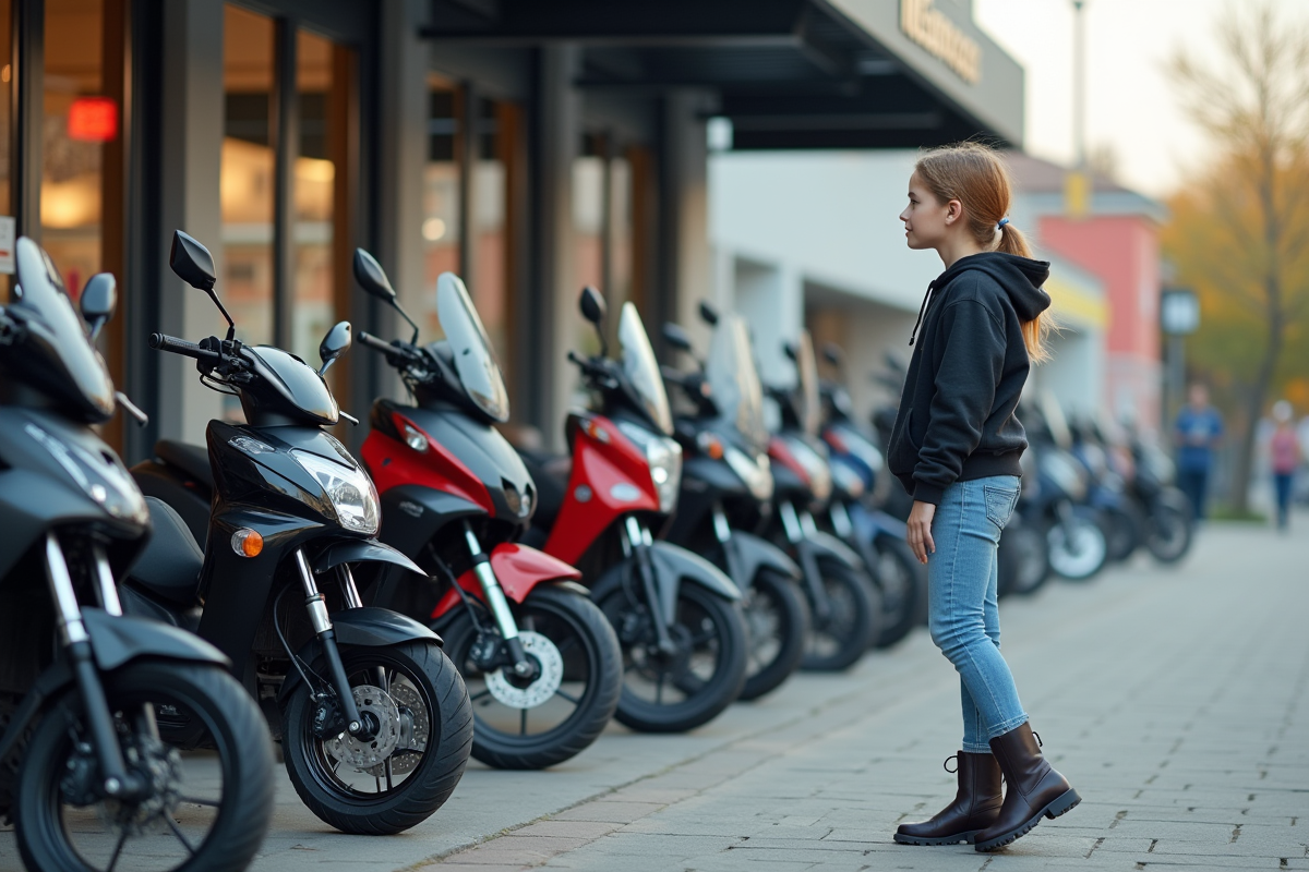 Fille adolescente observant une rangée de motos 50cc devant un concessionnaire