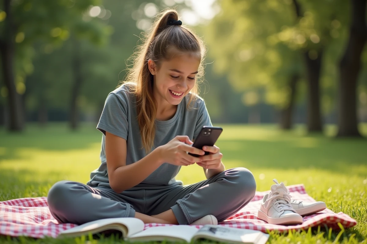 Adolescente jouant en extérieur avec son smartphone
