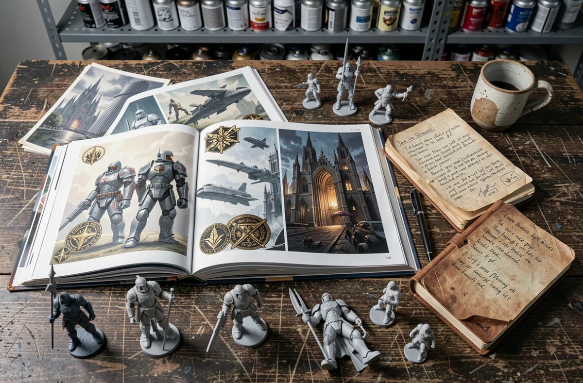 Vue de dessus d'une table avec des livres de lore Warhammer 40K ouverts, des figurines non peintes et des notes manuscrites