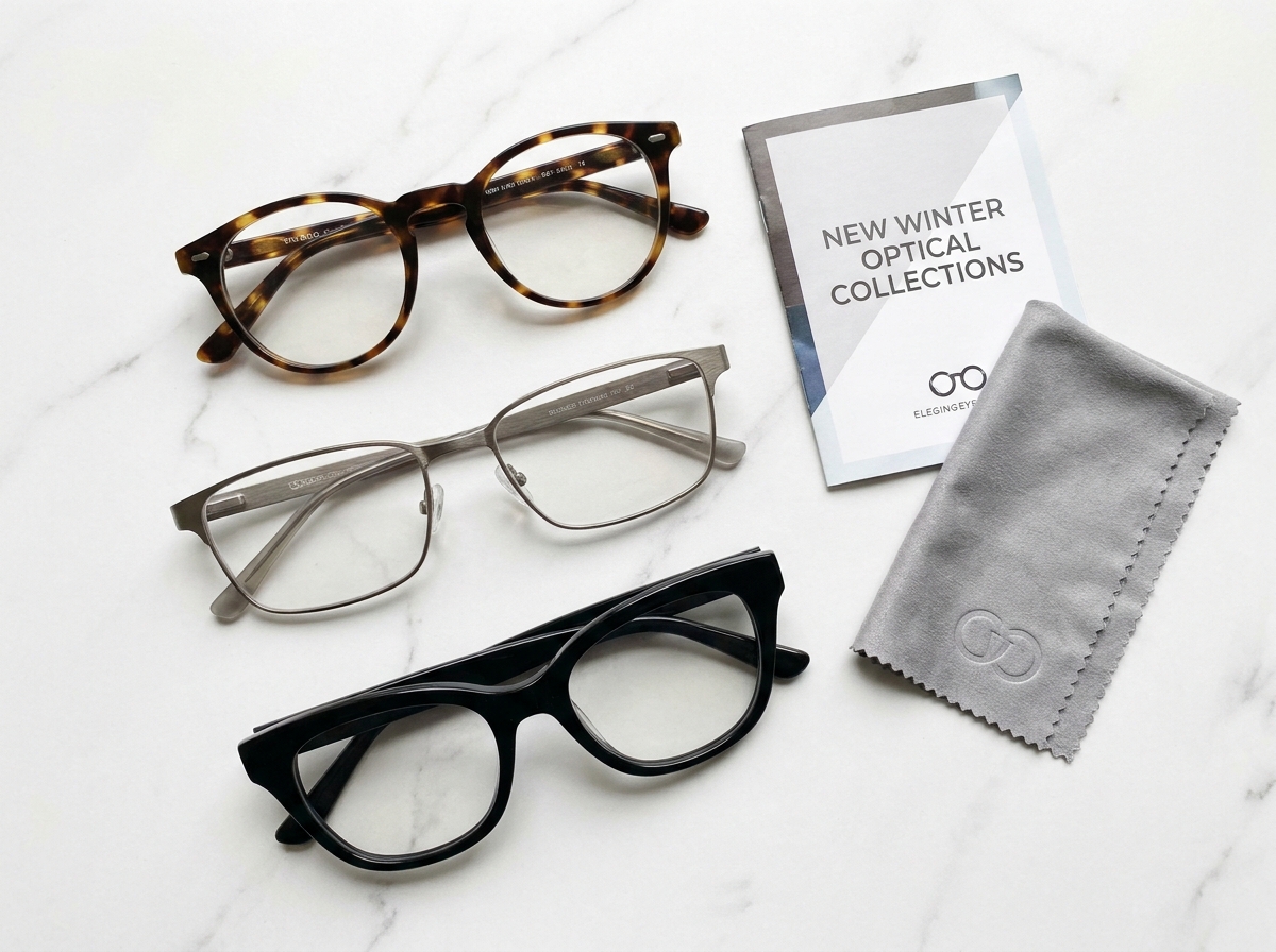 Flat-lay de nouvelles montures de lunettes tendance et accessoires optiques pour la collection hiver