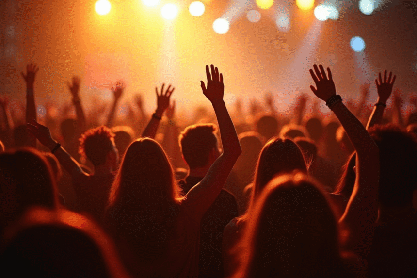 Foule animée lors d'un concert en plein air en fin d'après-midi