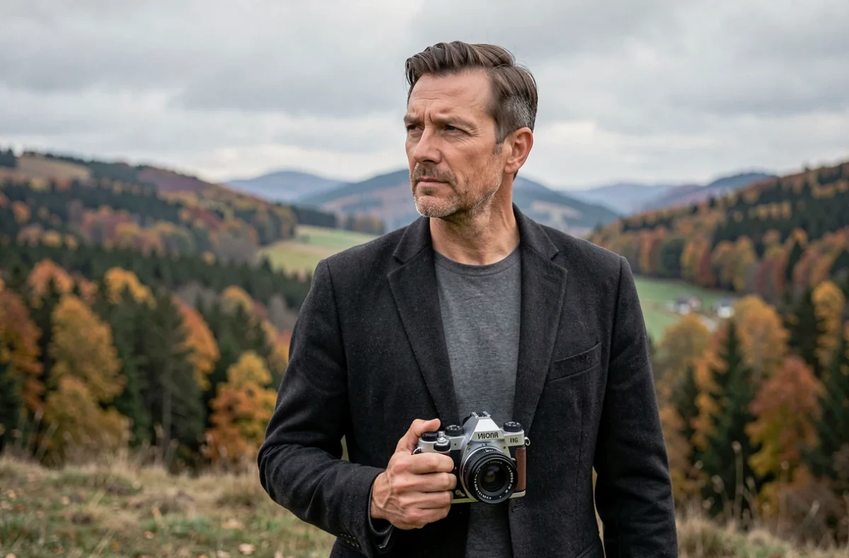 Franck Chazelet, photographe auteur dans le Grand Est, en extérieur avec un appareil argentique dans le paysage vosgien