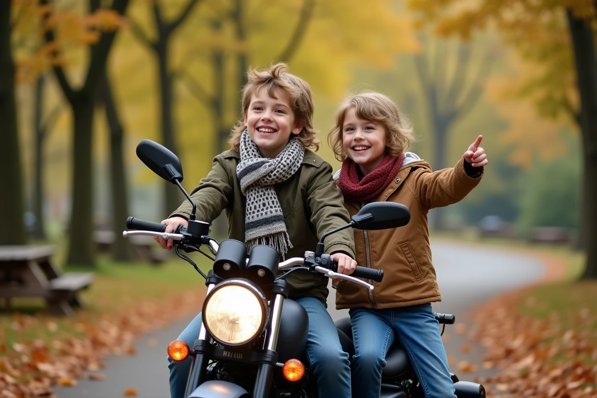 Freres et soeurs sur une moto dans un parc automnal