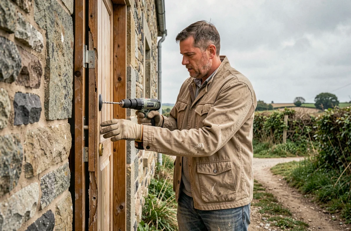 Ouvrier de FTM Reno 22 remplaçant un cadre de porte endommagé sur une ferme en pierre bretonne dans les Côtes-d'Armor