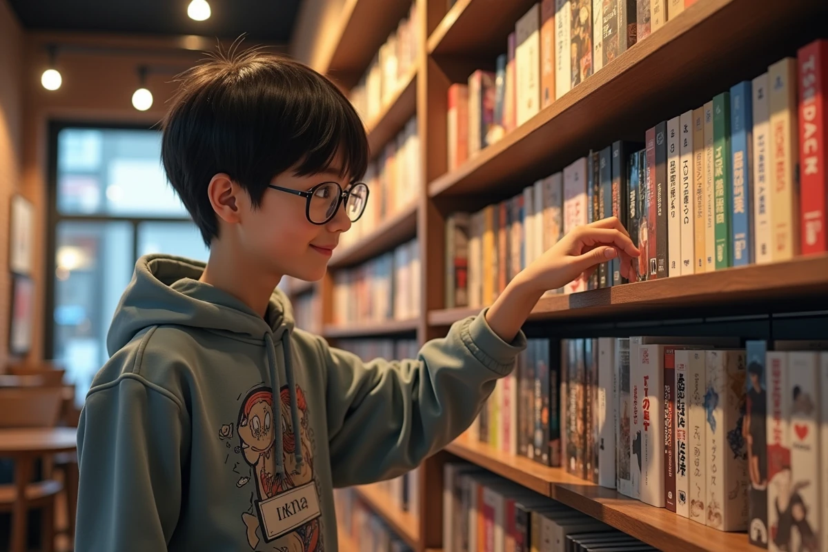 Garçon découvrant manga dans un café urbain