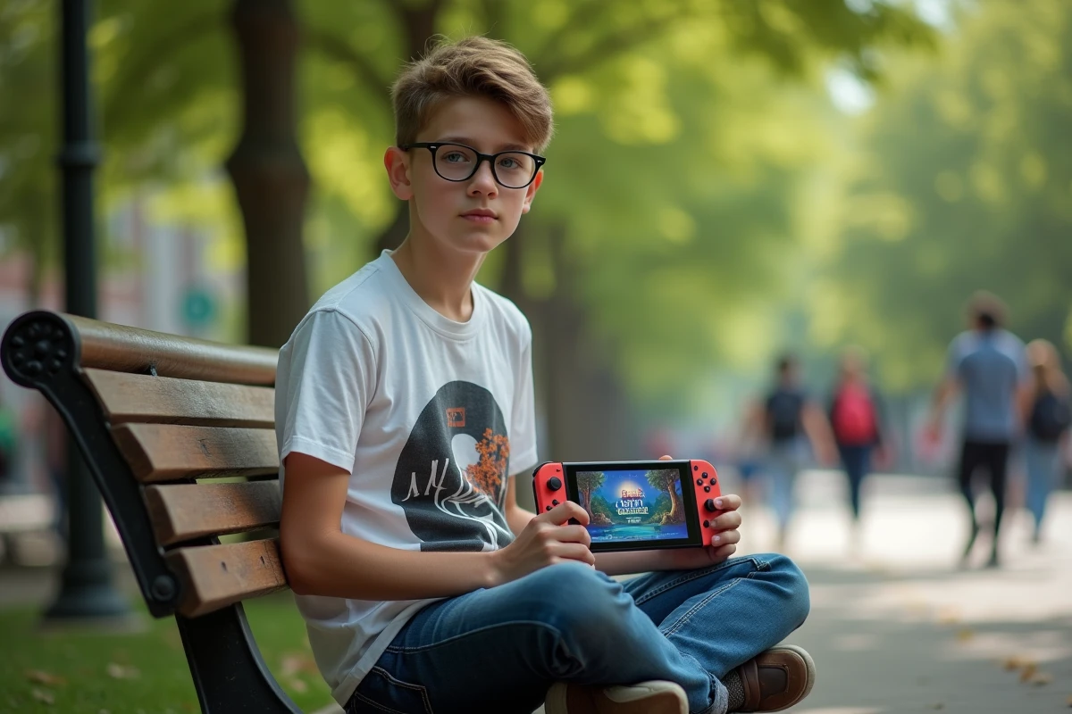 Adolescent joue à la Nintendo Switch dans un parc urbain