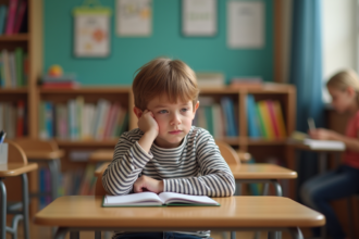 Jeune garçon assis à son bureau en classe