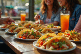 Groupe d'amis dégustant des tacos colorés en terrasse à Paris
