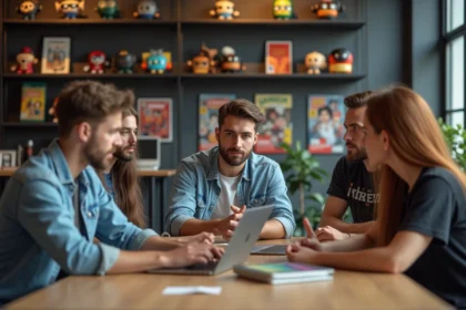 Jeunes adultes discutant dans un espace coworking geek