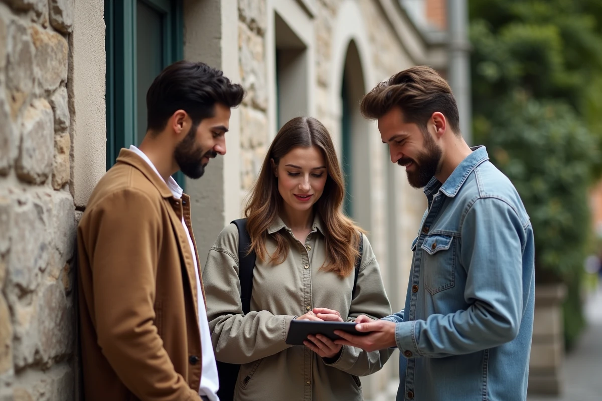 Groupe de trois personnes discutant dehors près d