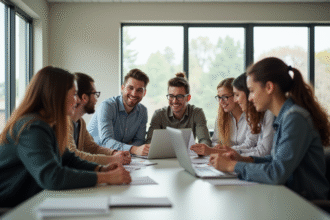 Groupe de jeunes adultes collaborant dans un bureau lumineux