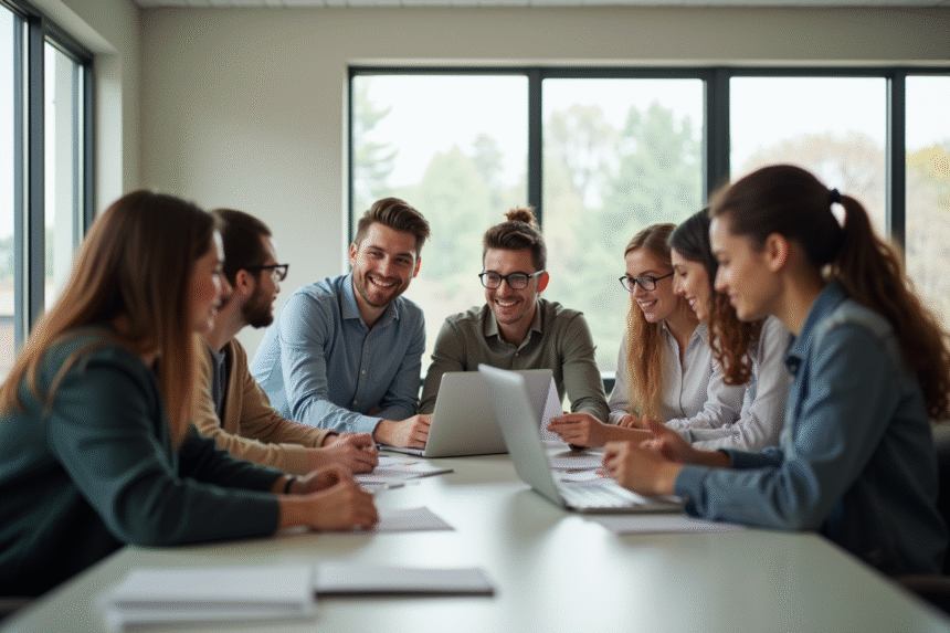 Groupe de jeunes adultes collaborant dans un bureau lumineux