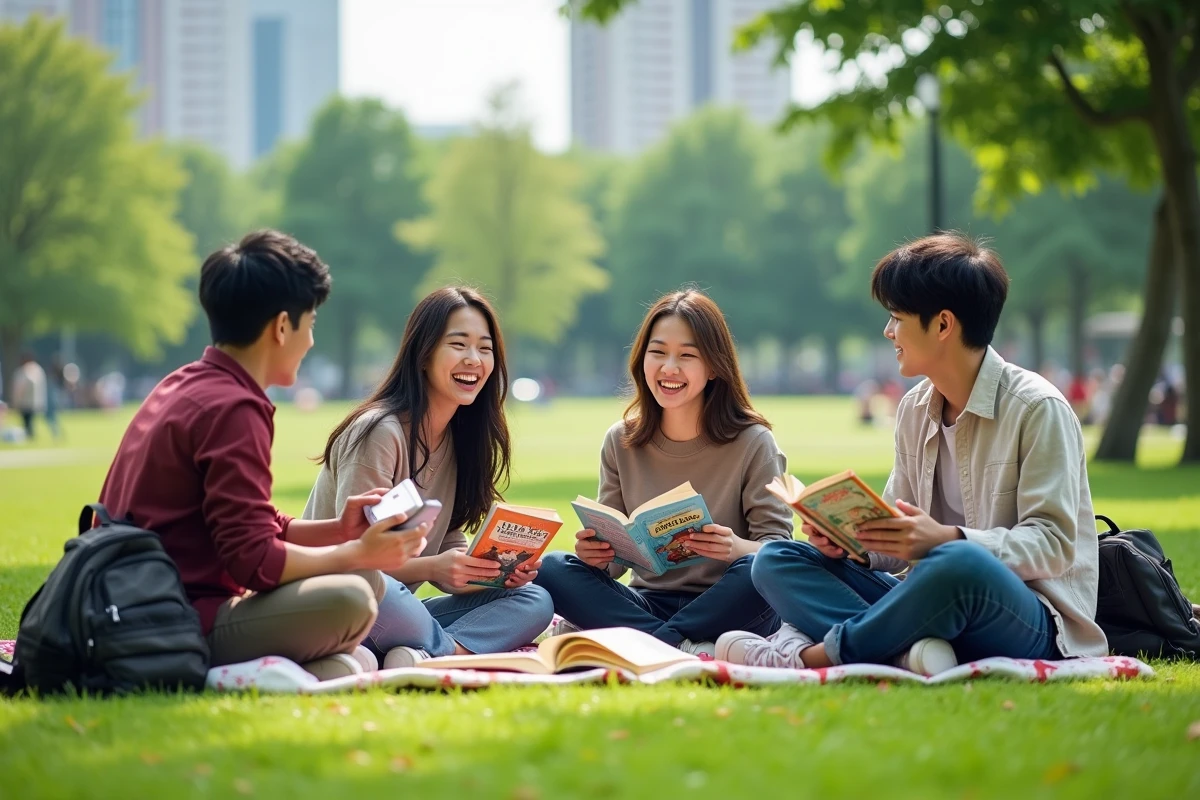 Groupe de jeunes discutant avec manhwa en plein air
