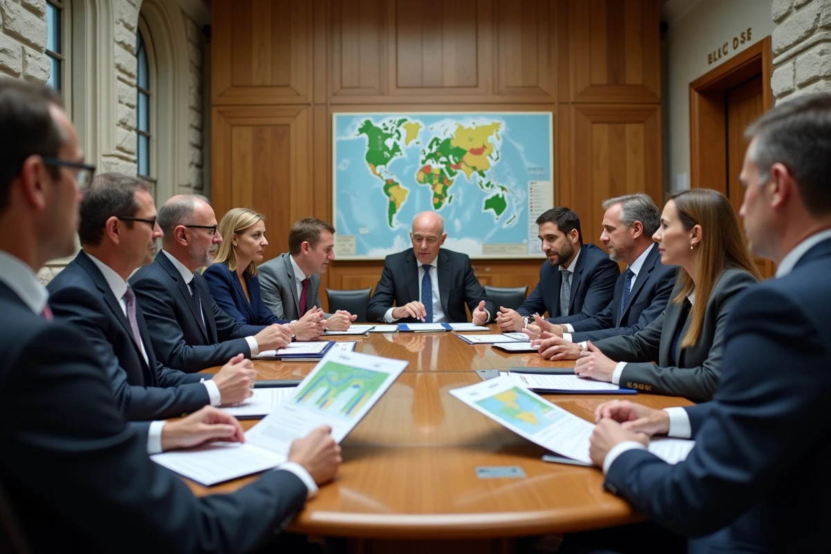 Groupe de décideurs discutant autour d une table avec carte d energie