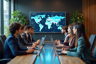 Groupe de jeunes professionnels autour d'une table avec écran d'IA