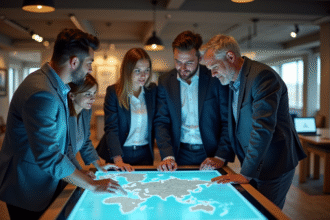 Groupe de professionnels du tourisme autour d'une carte digitale