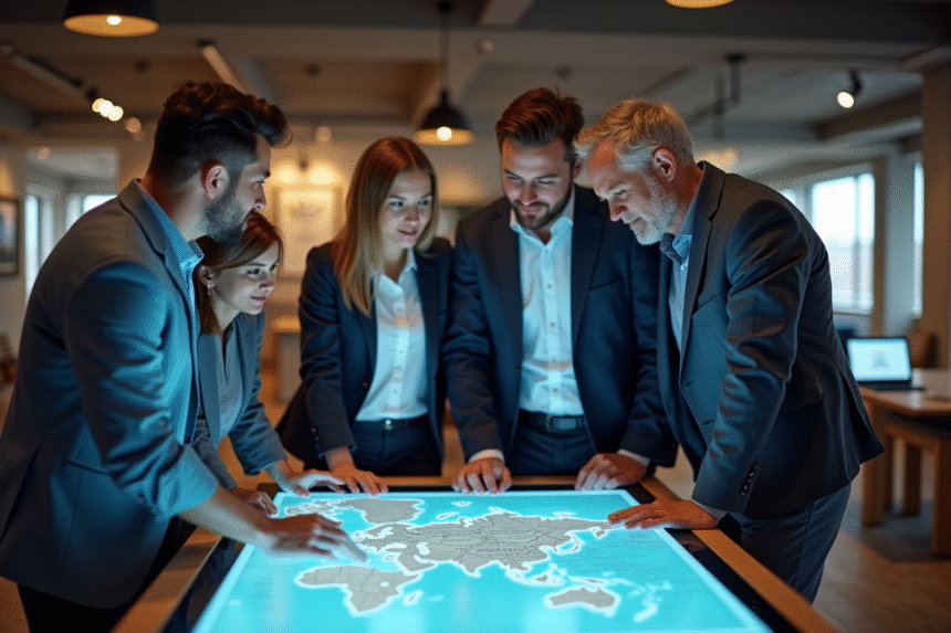 Groupe de professionnels du tourisme autour d'une carte digitale