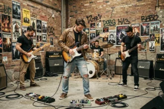 Groupe de rock français en répétition dans un loft industriel avec instruments et affiches de concerts