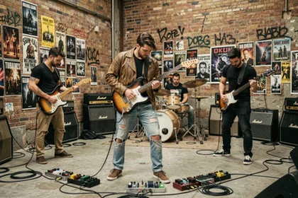Groupe de rock français en répétition dans un loft industriel avec instruments et affiches de concerts