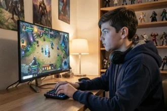 Adolescent jouant à un RPG fantasy sur PC avec barres d'XP visibles, illustrant un guide pour débutants sur Dofus 3