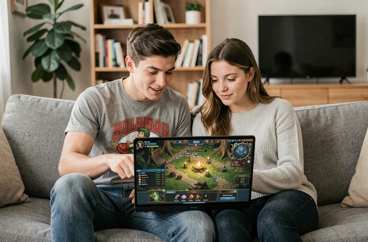 Deux joueurs débutants consultant un guide stratégique Dofus 3 ensemble sur un ordinateur portable dans un salon moderne