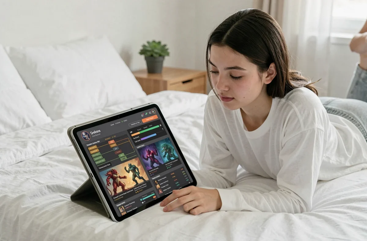 Jeune femme débutante consultant un guide de progression XP Dofus 3 sur tablette, allongée sur son lit dans une chambre minimaliste