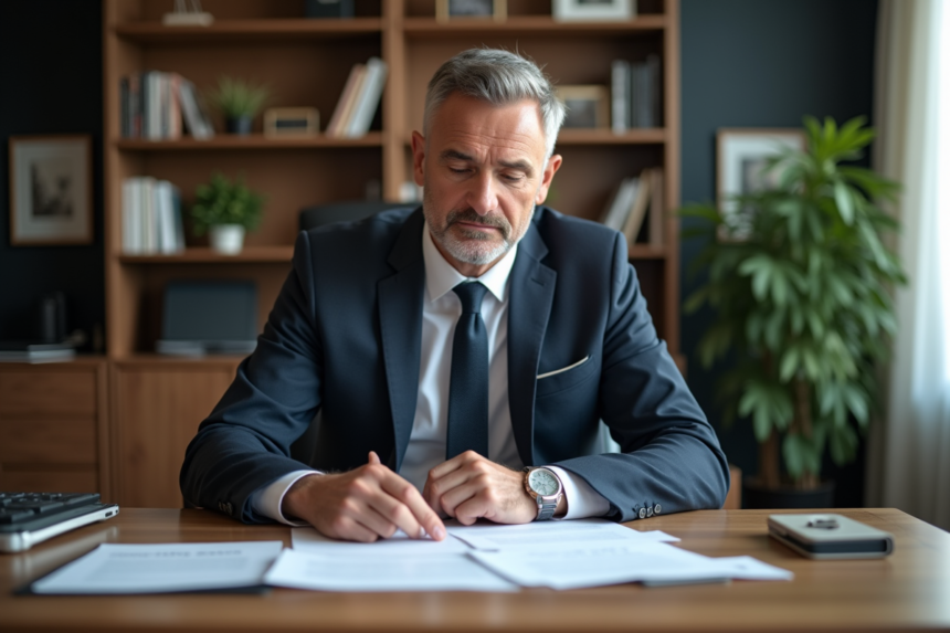 Homme d'affaires en costume examine des documents dans un bureau moderne