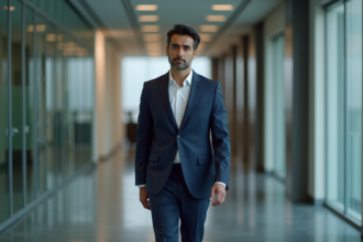Homme d affaires sud-asiatique en costume dans un couloir moderne