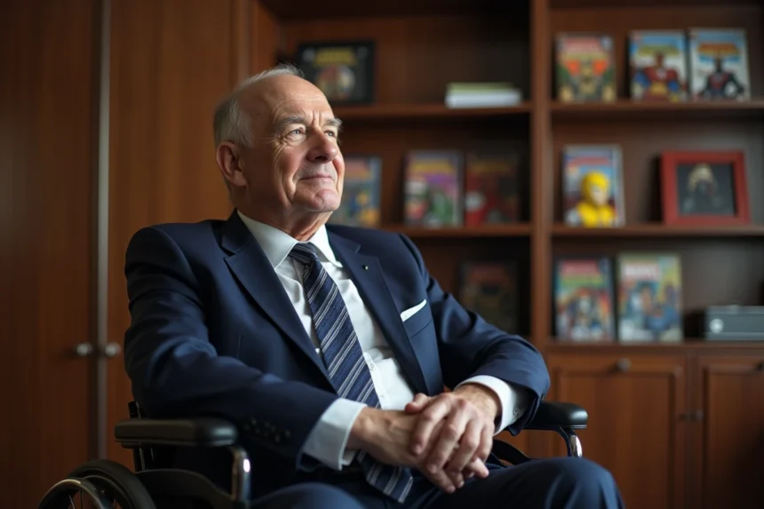 Homme âgé en costume dans un bureau avec comics Marvel