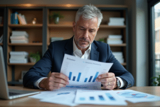 Homme d'âge moyen analysant des graphiques économiques dans un bureau