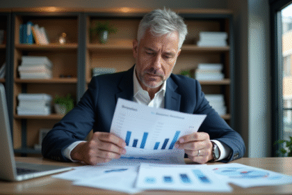 Homme d'âge moyen analysant des graphiques économiques dans un bureau