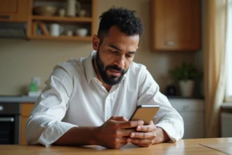 Homme consultant une application d'horaire de prière sur smartphone dans un appartement à Livry-Gargan