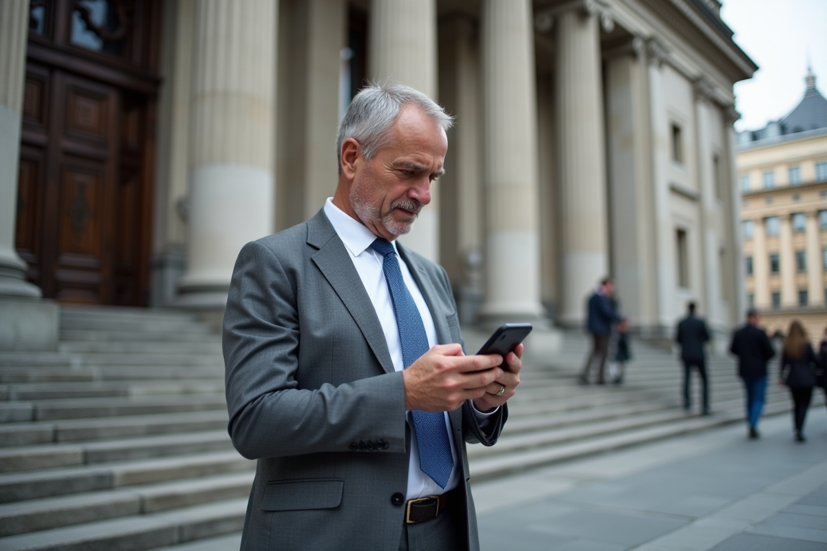 Homme vérifiant ses infos devant une banque centrale