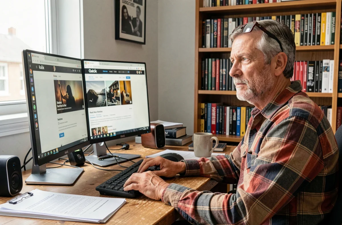 Homme travaillant dans un bureau à domicile avec une radio rock web ouverte sur un ordinateur, entouré de livres musicaux et d'un speaker Bluetooth