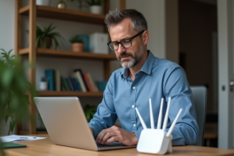 Homme concentré travaillant avec routeur WiFi dans son bureau