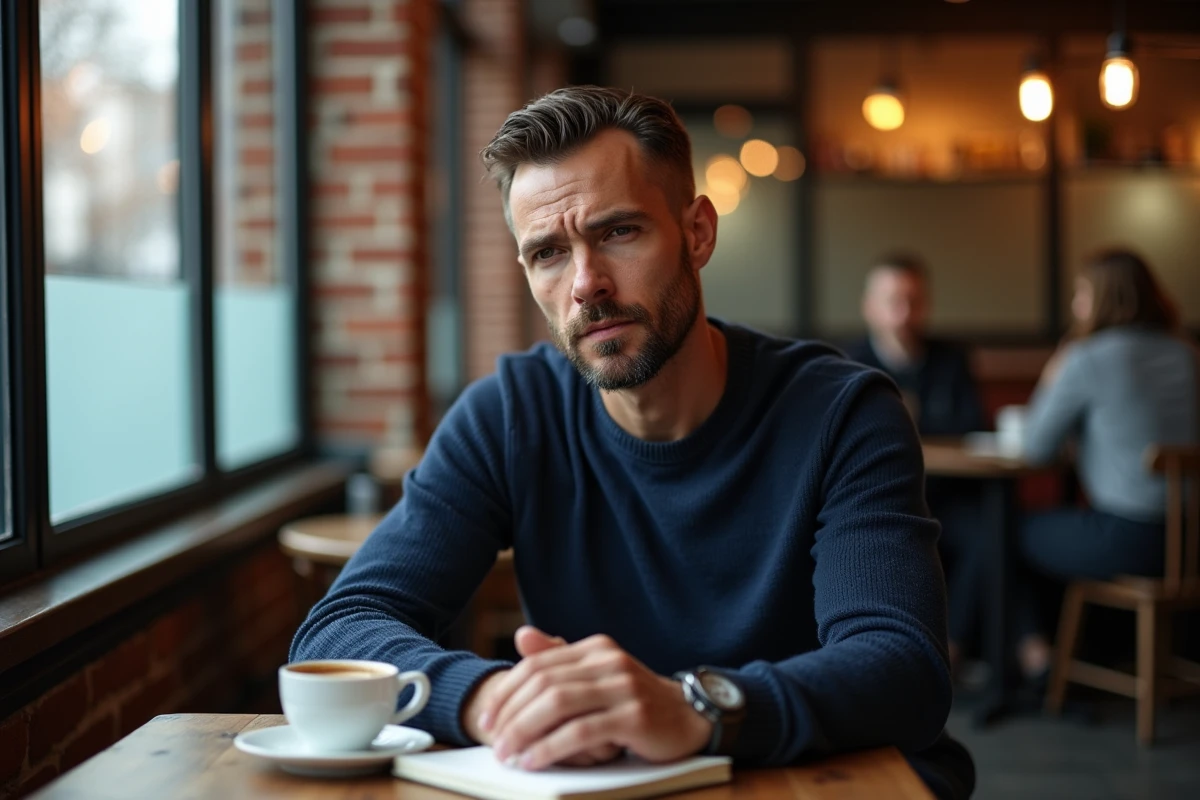 Homme assis seul dans un café avec un carnet fermé, expression pensive et atmosphère de secret