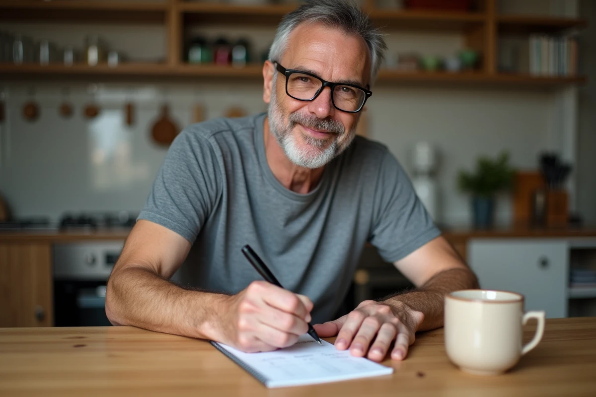 Homme écrivant une table de conversion miles-kilomètres sur un carnet dans une cuisine