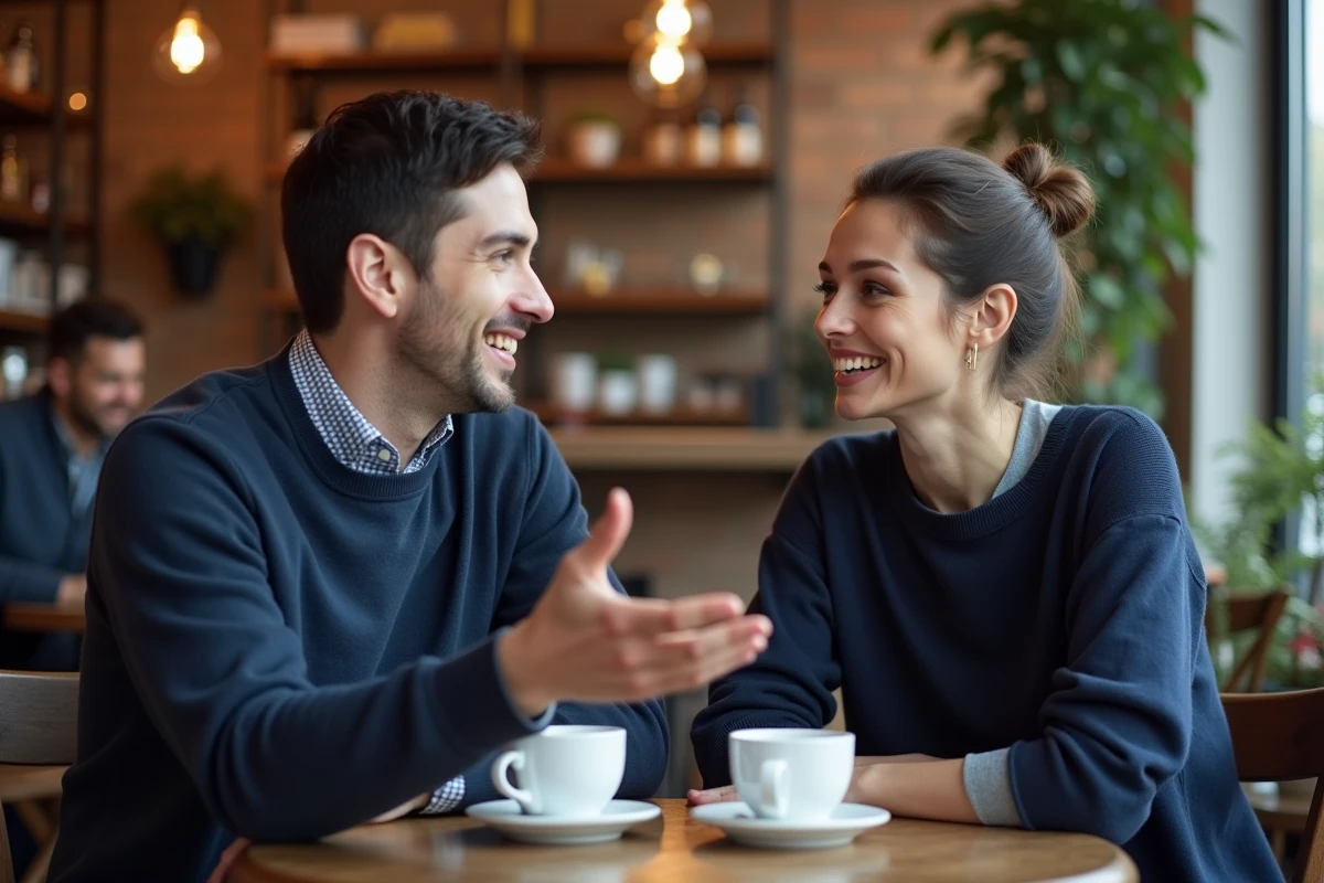 Homme pratiquant l'espagnol avec une tutrice dans un café européen animé