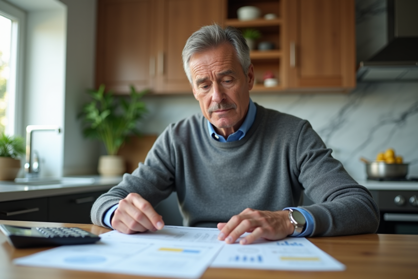 Homme d'âge moyen en cuisine avec papiers financiers