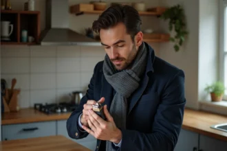 Homme français examine un lighter anglais dans une cuisine moderne