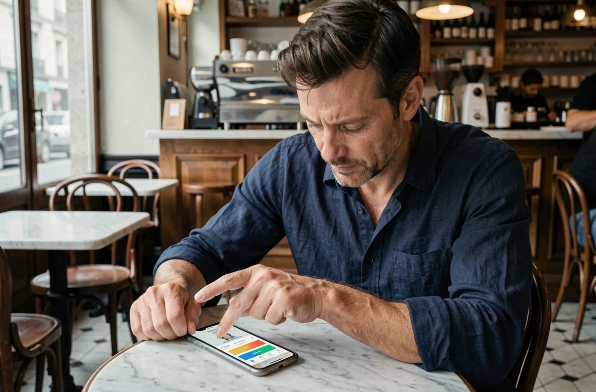 Homme d'une quarantaine d'années jouant à un jeu de mots sémantique sur smartphone dans un café français