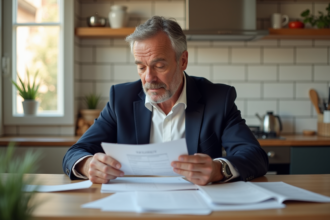 Homme d'âge moyen lisant des documents immobiliers dans une cuisine moderne