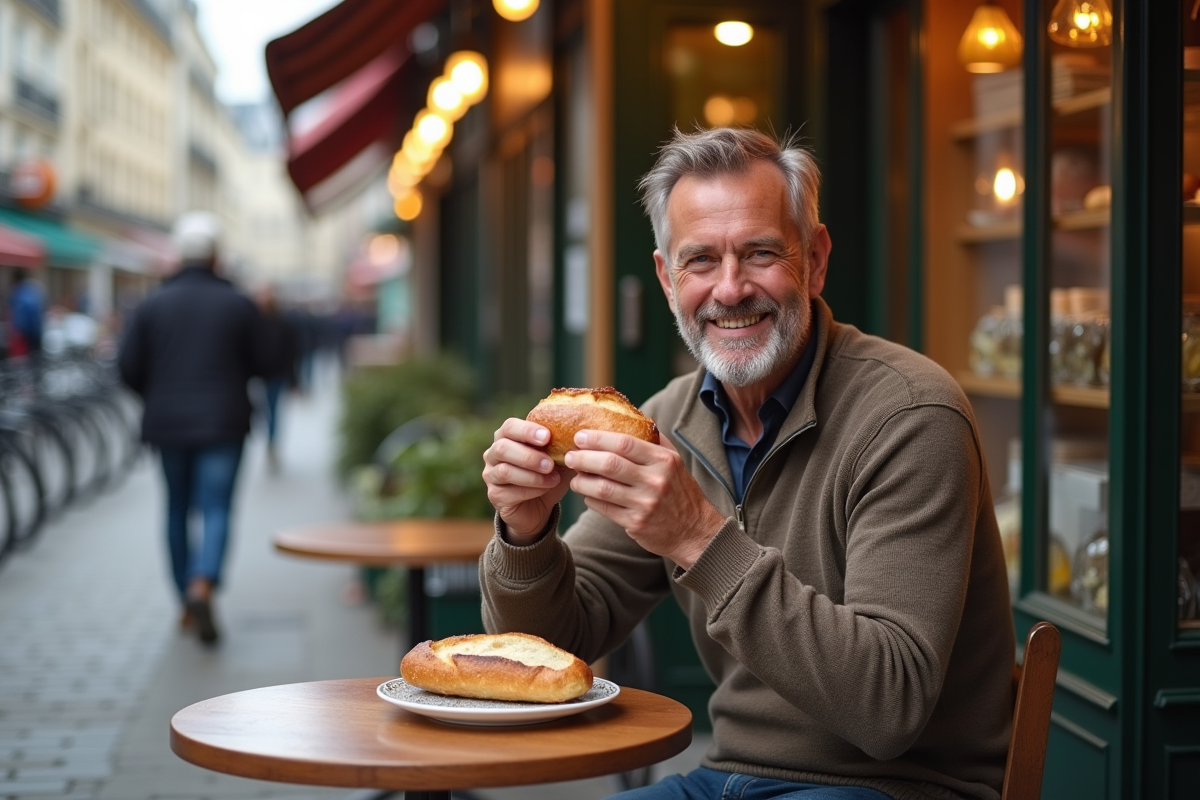 Homme dégustant une baguette dans une rue parisienne